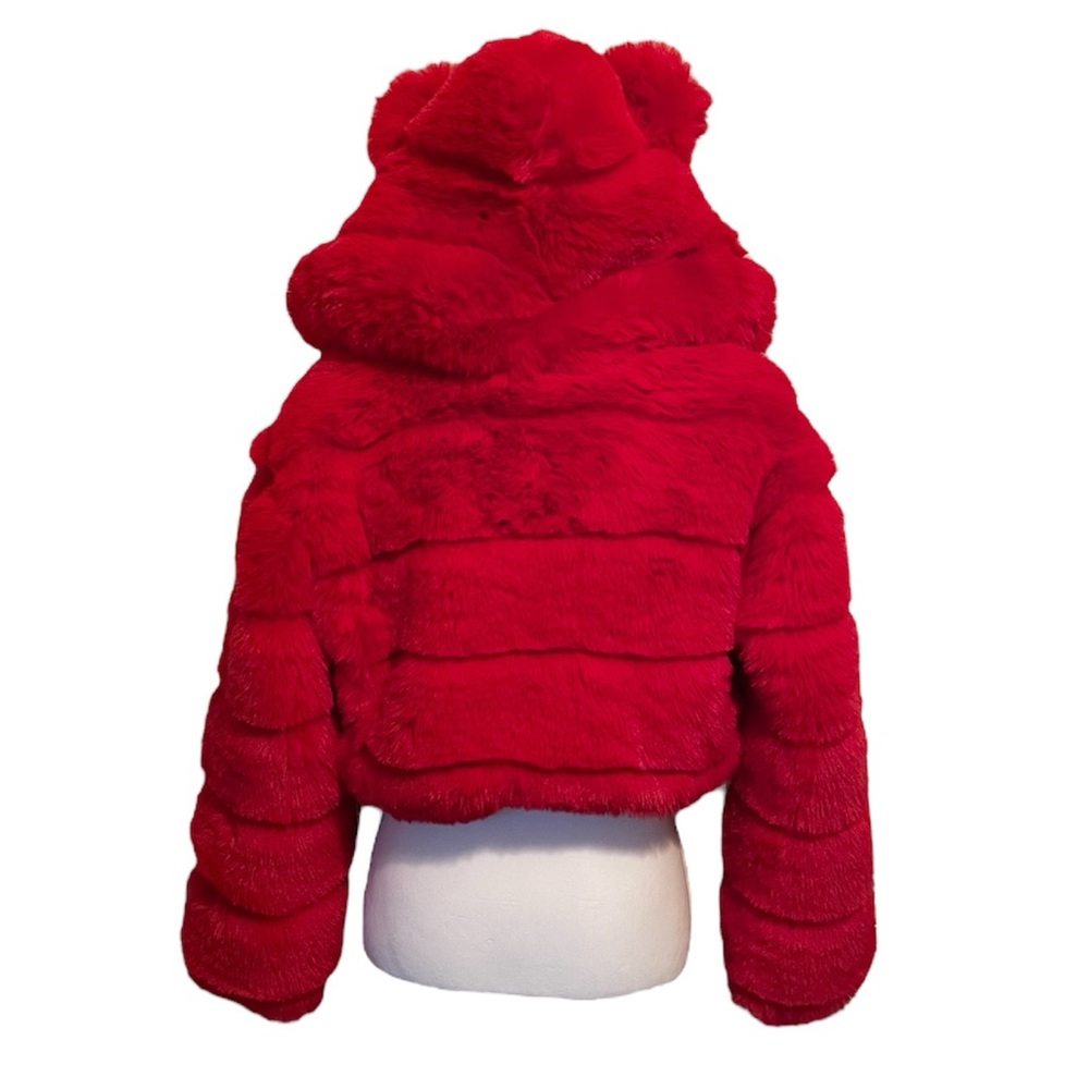 Forever 21 x Disney Mickey Mouse Faux Fur Cropped Red Hooded Puffer Jacket Small - Picture 7 of 16